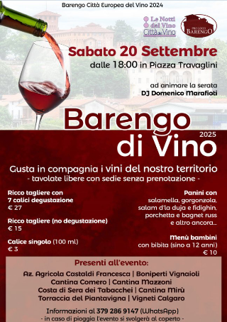 Barengo diVino, sabato 20 settembre apericena e degustazioni in piazza